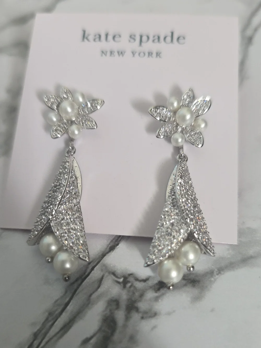 kate spade Silver Crystal & Pearl Floral Drop Earrings